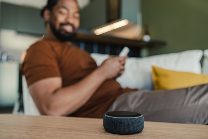 Smart speaker on the table in the living room.