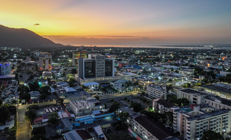 Aerial Twilight View of Kingston Cityscape and Waterfront in Jamaica