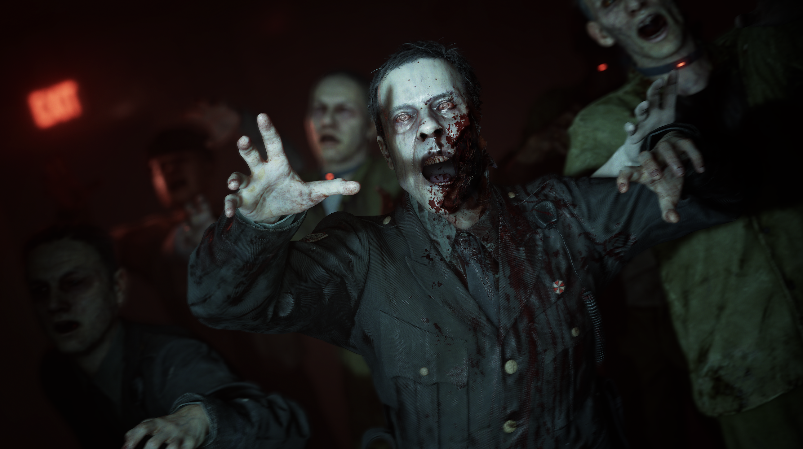 A bloodied, disheveled man in a dark coat raises his hand menacingly in a dimly lit setting, conveying a sense of horror and danger.