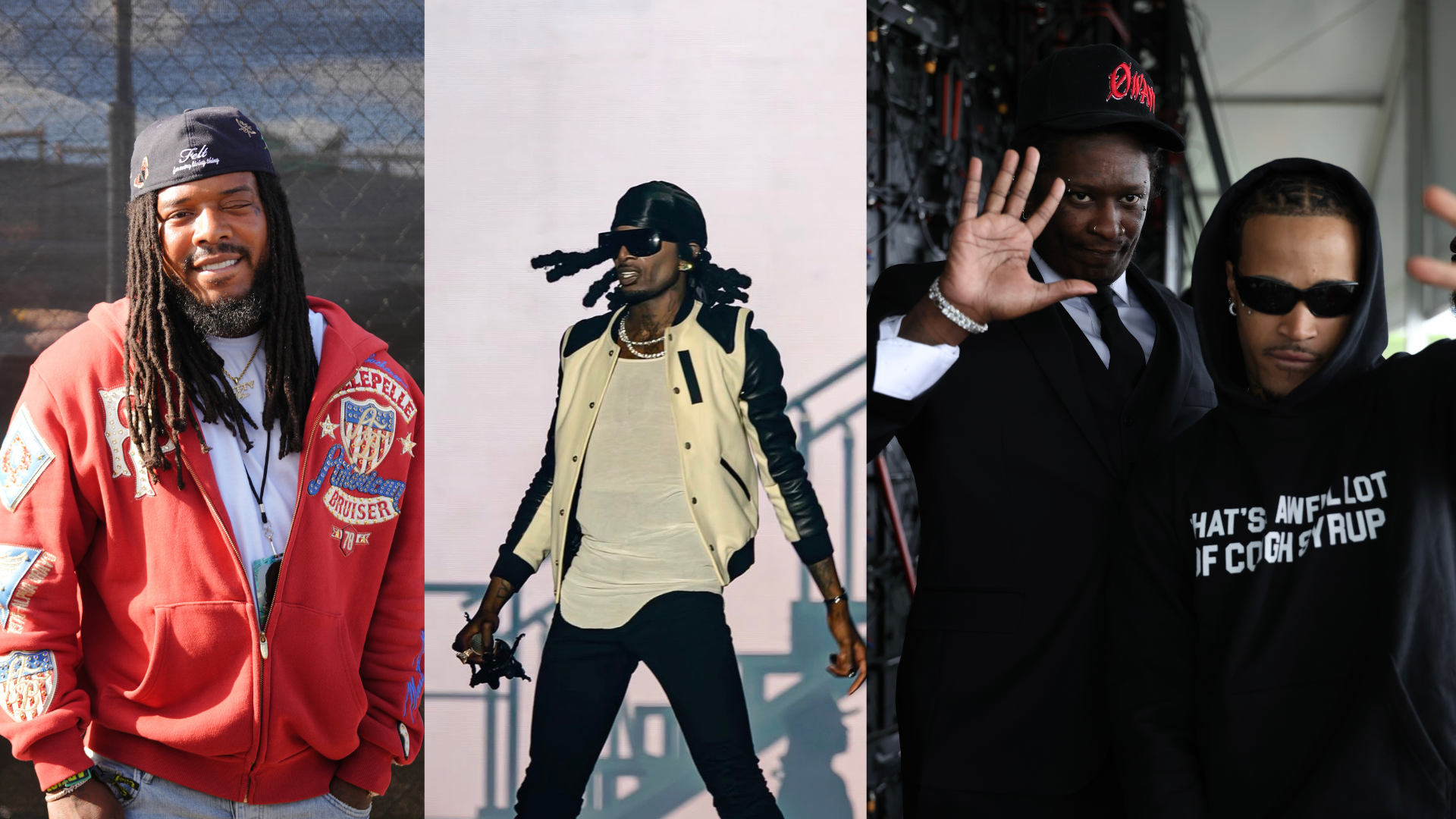 Three men in urban clothing, one wearing a red jacket with "Pepsi" logo, another wearing a black jacket, and the third wearing a black hat and shirt with "That's what I lot if cough syrup" text.