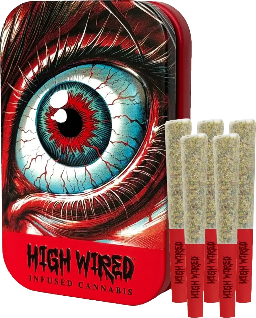 A close-up of a large, detailed eye with a red, cracked iris against a red and black background. The text "HIGH WIRED INFUSED CANNABIS" is visible on the packaging.