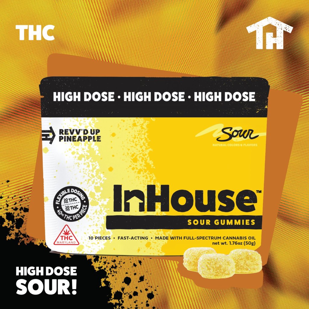 A package of "InHouse" brand sour gummy candies with "High Dose" and "Revv'd Up Pineapple" text prominently displayed against a yellow background.