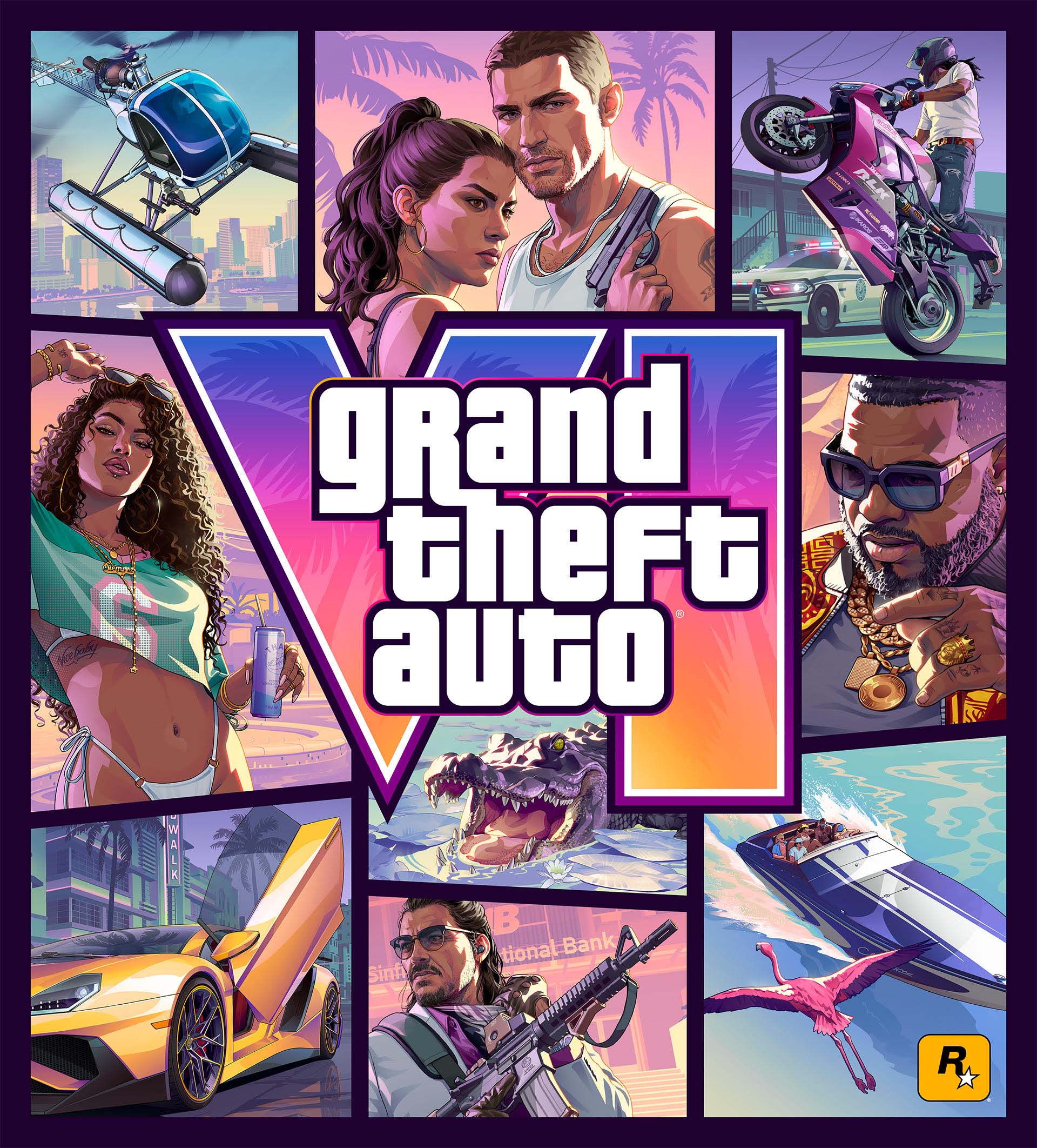 Grand Theft Auto logo with collage of characters, vehicles, and settings from the game series.