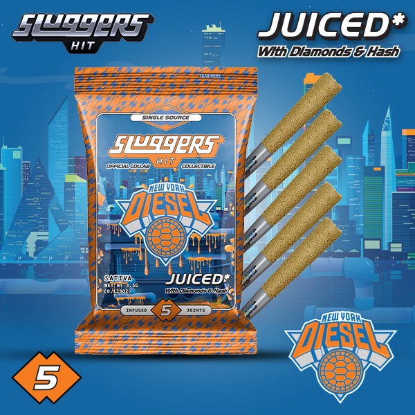 Packaging for Sluggers Hit, a product called "Juiced" with Diamonds & Hash, featuring the New York Diesel logo on a cityscape background.