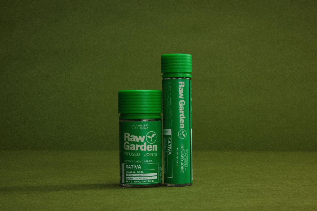 Two green Raw Garden cannabis oil cartridges on a dark green background.