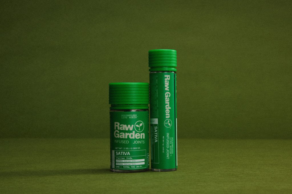 Two green Raw Garden cannabis oil cartridges on a dark green background.