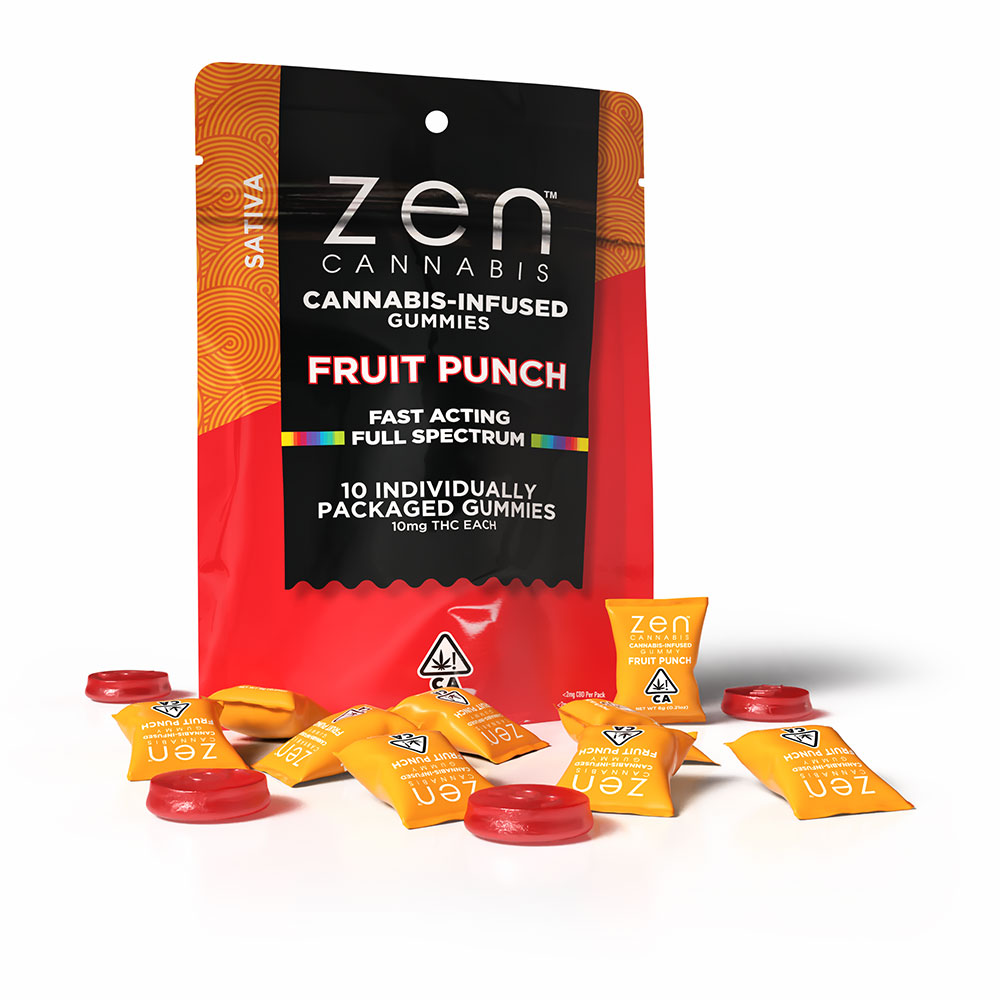 Packaging for Zen Cannabis cannabis-infused fruit punch gummies, featuring 10 individually packaged gummies with 10mg THC each.