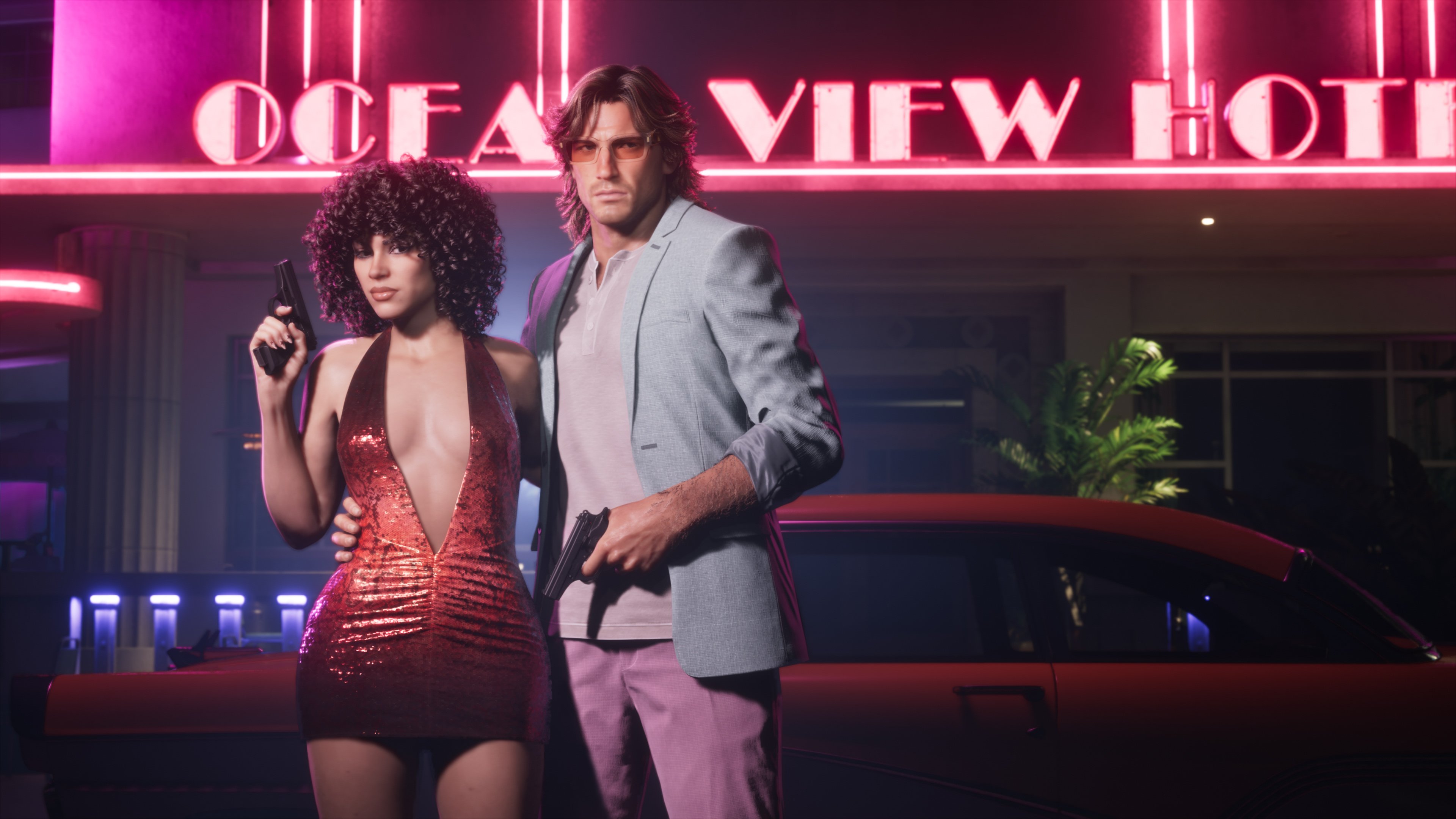 Two people, a woman in a red sequined dress holding a gun and a man in a gray suit, standing in front of a neon "Ocean View Hotel" sign.