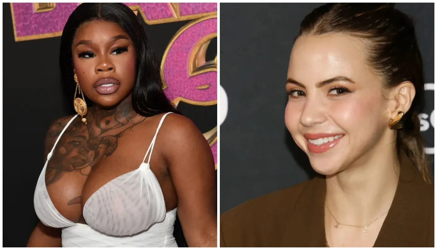 Two portraits of women: one with long dark hair wearing a white dress and gold jewelry, the other with dark hair in a ponytail smiling.