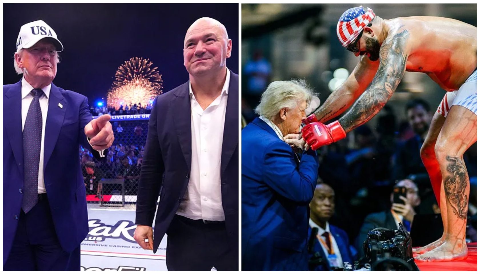 Two images: 1) A man in a USA hat and suit standing in front of fireworks. 2) A man in a red, white, and blue outfit embracing an older man in a suit.