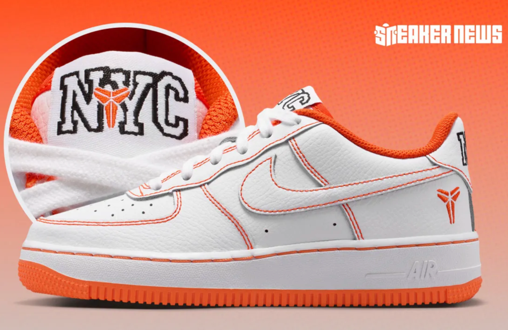 A white Nike Air Force 1 sneaker with orange accents and the "NYC" logo on the side, against an orange background.