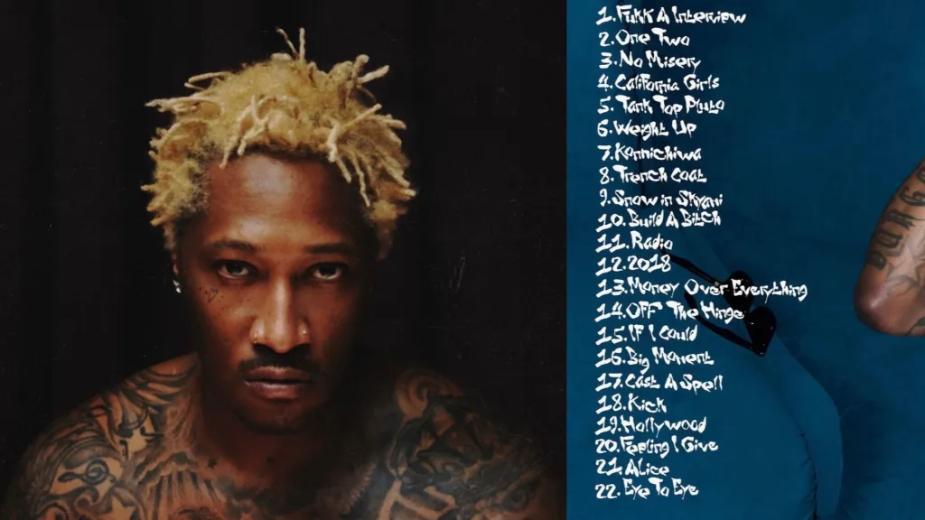 A close-up portrait of a man with dreadlocks and tattoos, with a list of song titles displayed below the image.