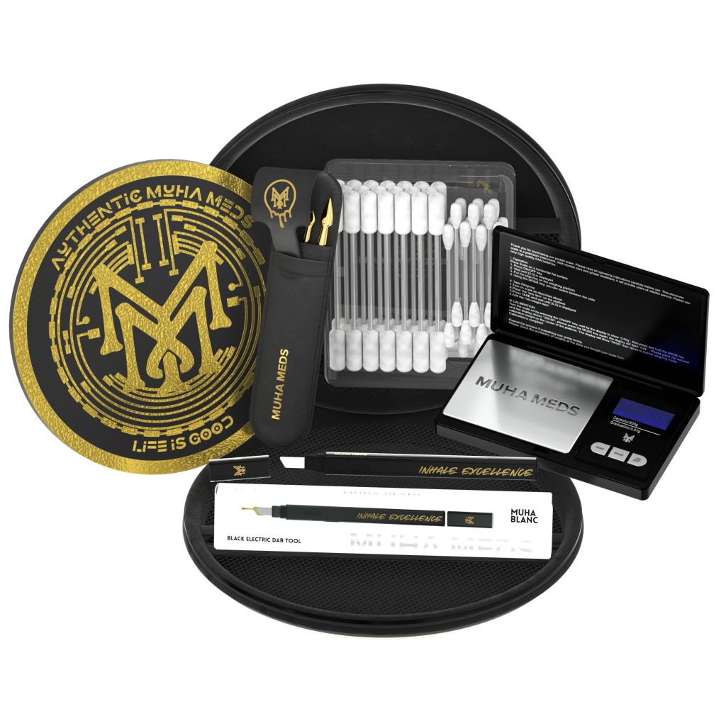 A black circular case with a gold emblem and various accessories including a black electric dab tool, a digital scale, and cotton swabs.