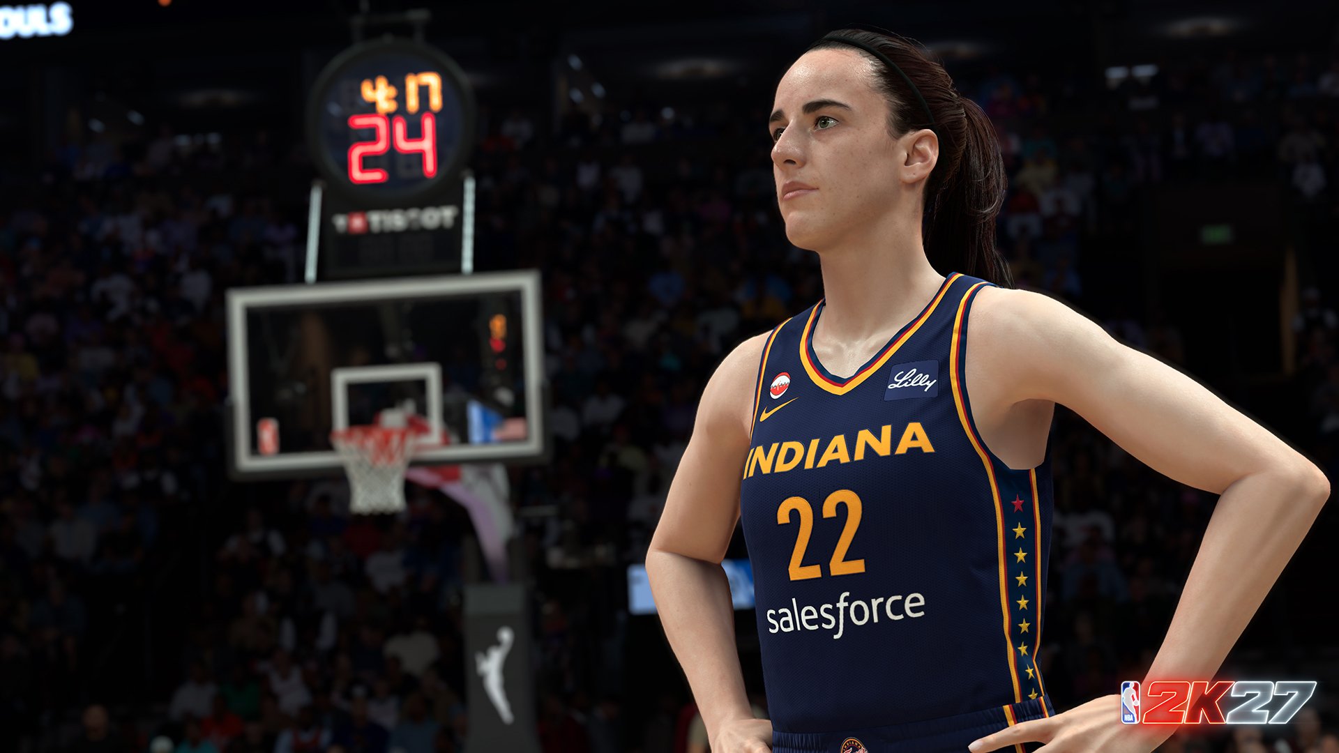 A basketball player wearing an Indiana jersey with the number 22 and the Salesforce logo, standing on a basketball court with a game clock showing 4:27.