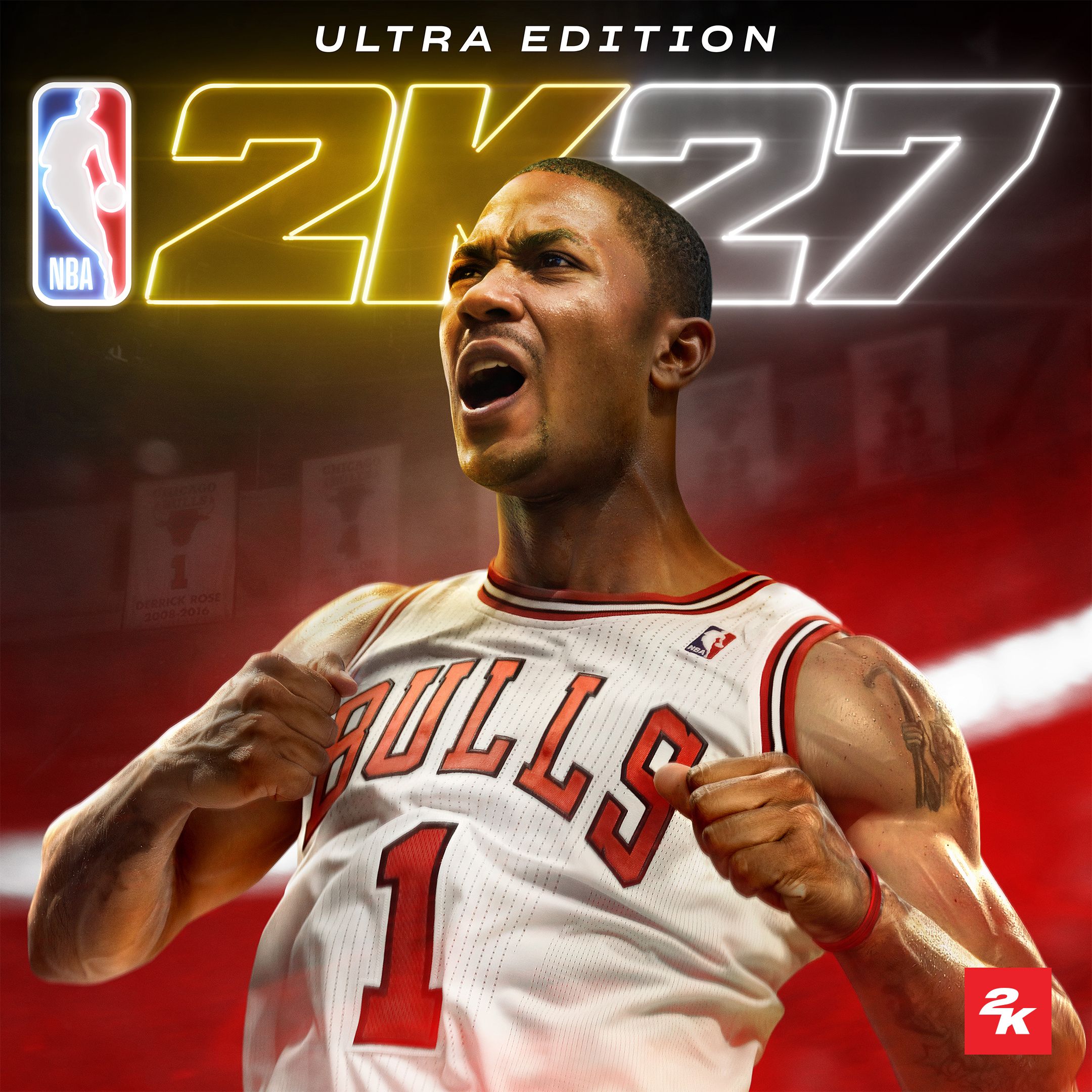 A basketball player wearing a Chicago Bulls jersey with the number 1 on it, making an intense facial expression.
