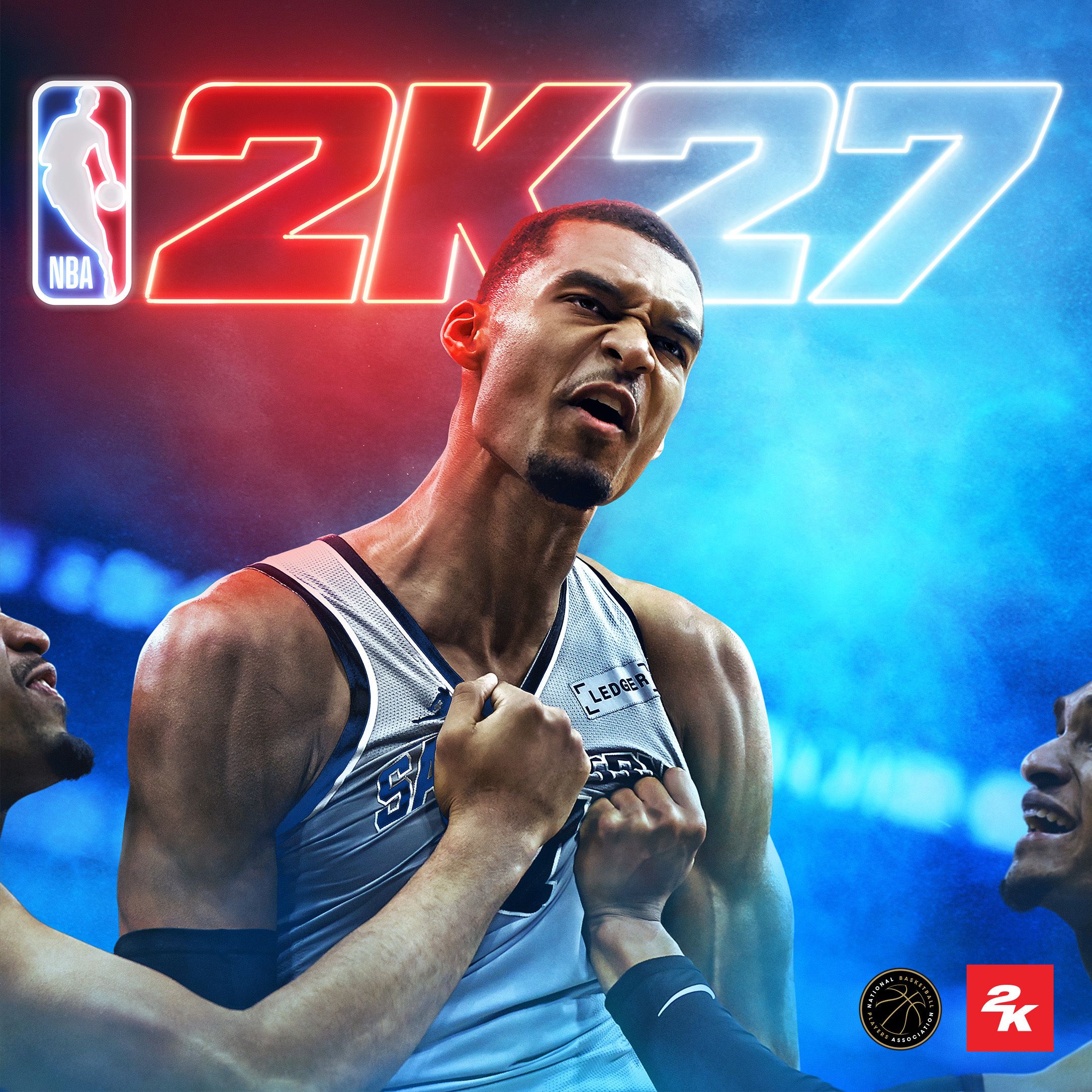 A basketball player wearing a jersey with the number 5 and the text "Ledger" on it, standing in front of a large "2K27" logo against a blue and red background.