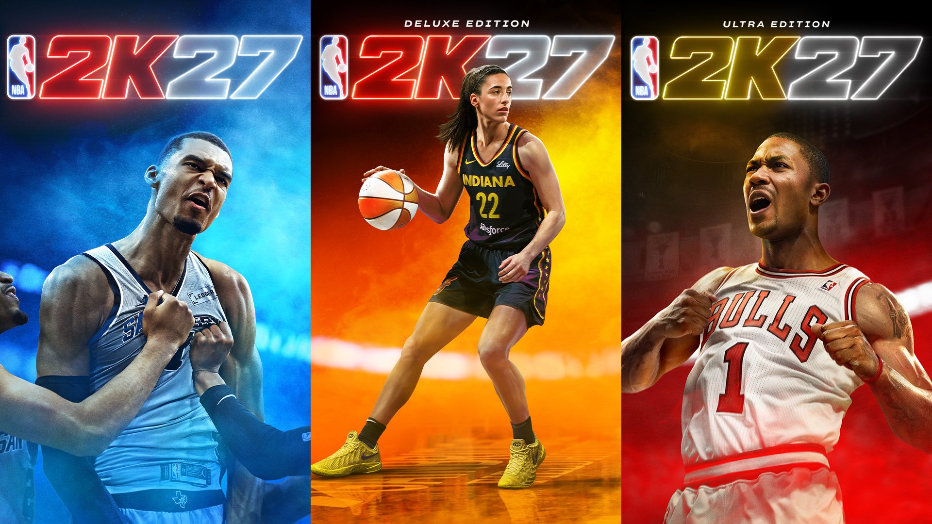 Three basketball players in action poses on NBA 2K27 video game covers: a player in a blue jersey, a player in an Indiana jersey, and a player in a Bulls jersey.
