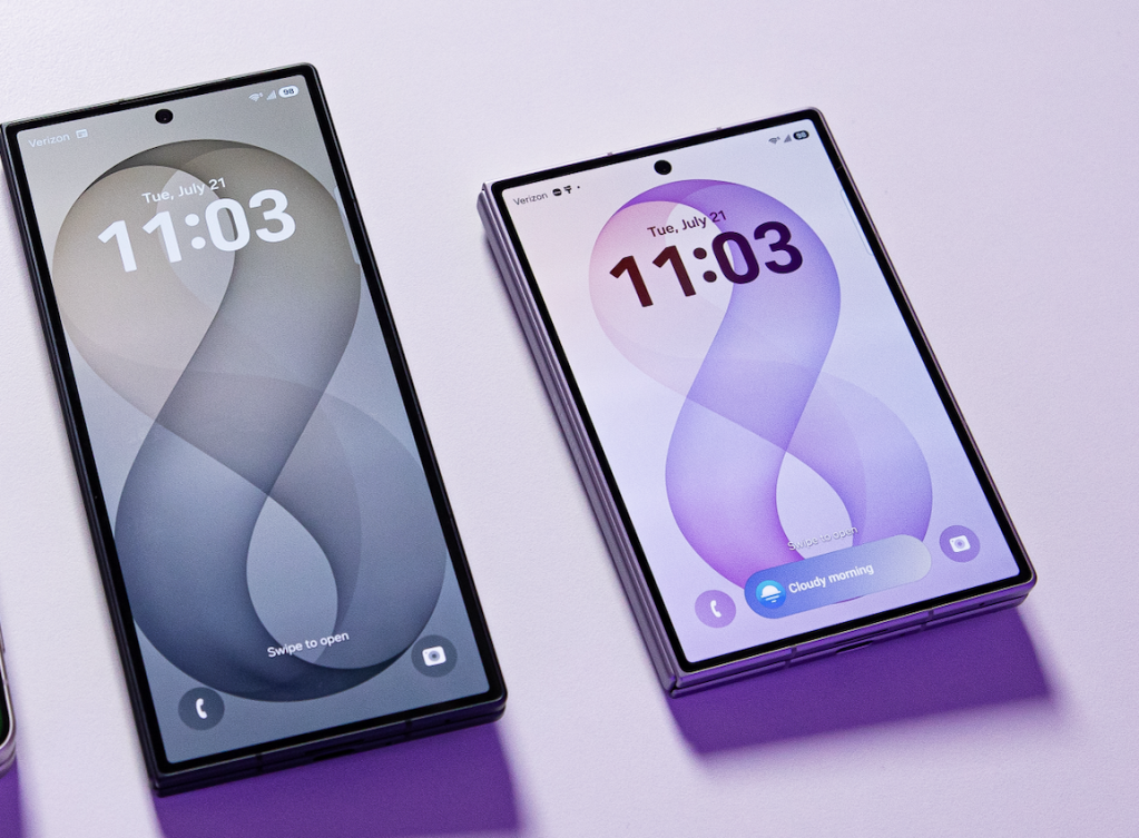 Three Samsung Galaxy smartphones displaying the time as 11:03 on a purple background.
