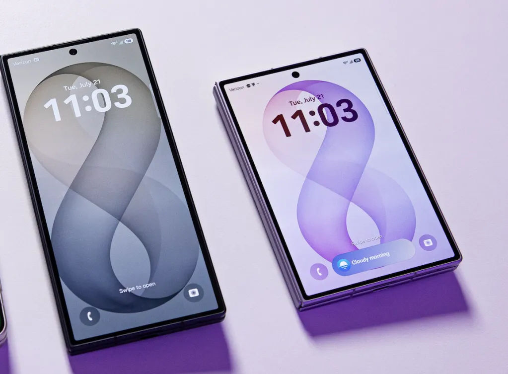 Three Samsung Galaxy smartphones displaying the time as 11:03 on a purple background.