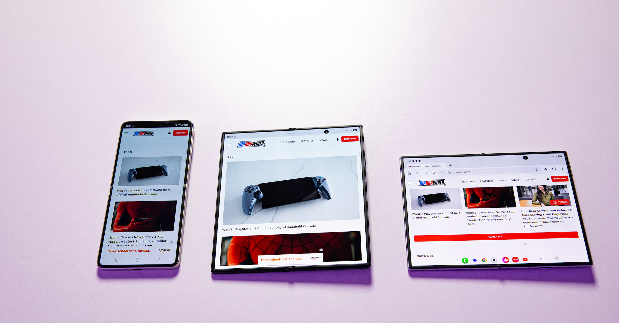 Three mobile devices displaying a gaming website with images of a PlayStation 5 controller.