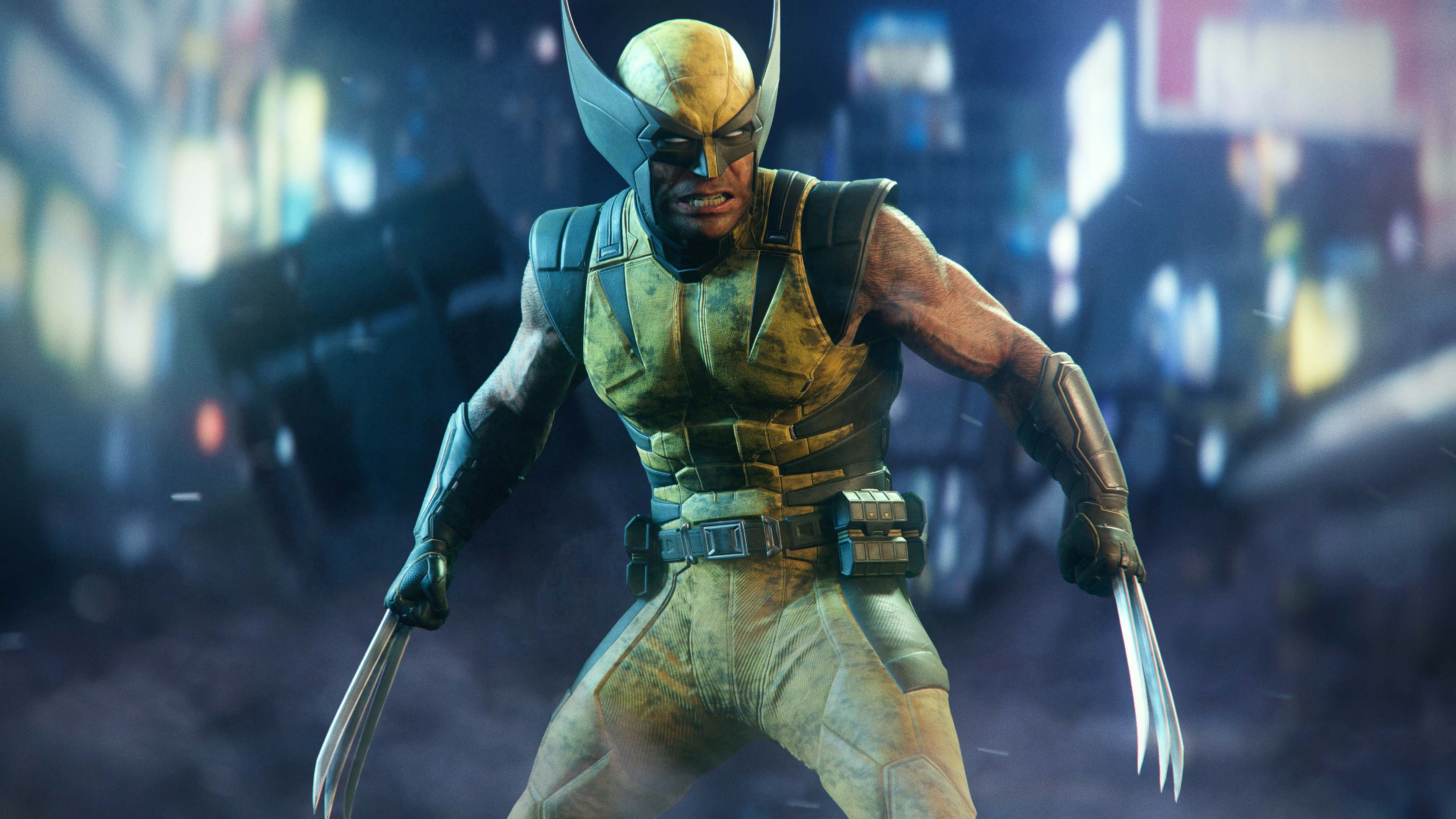 A muscular, armored superhero with a yellow mask and claws stands in a dark, futuristic city setting.