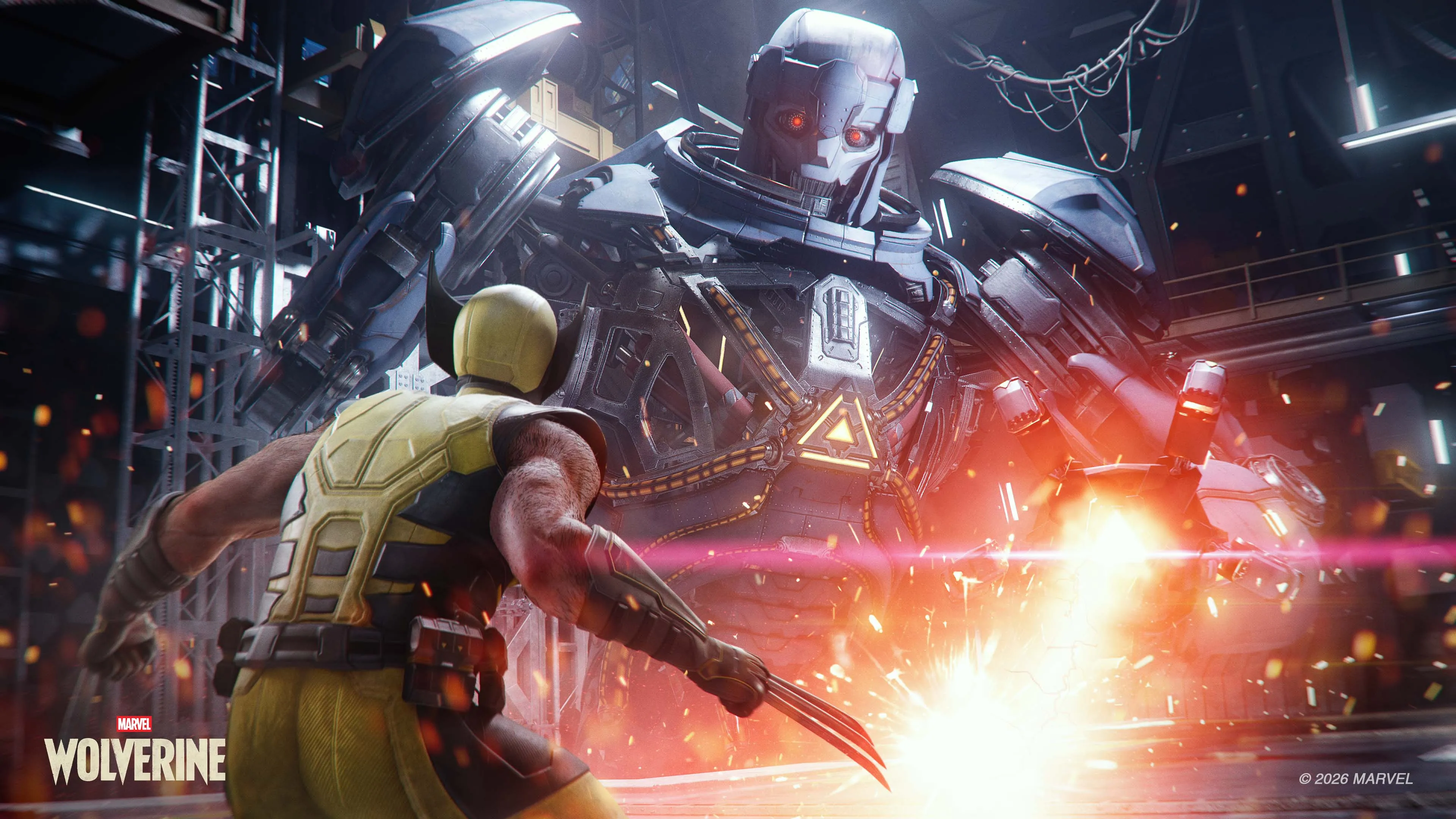 A robotic figure in a yellow suit wielding a weapon, surrounded by sparks and flames in a dark, industrial setting.