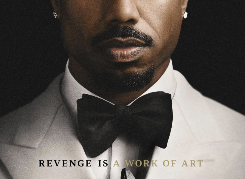 A close-up portrait of a man with a beard wearing a tuxedo and bow tie. The text overlay reads "REVENGE IS A WORK OF ART".