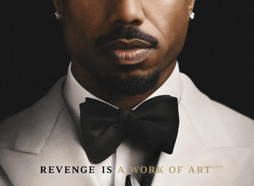 A close-up portrait of a man with a beard wearing a tuxedo and bow tie. The text overlay reads "REVENGE IS A WORK OF ART".