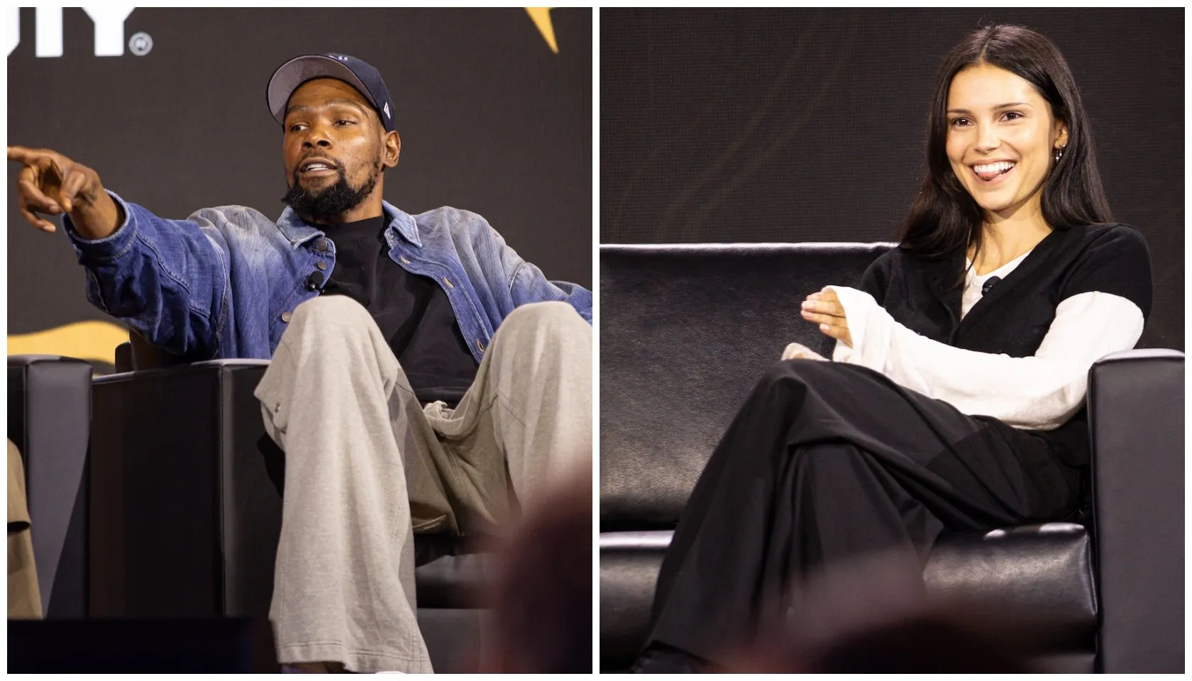Two people sitting on chairs, one a man wearing a blue jacket and cap, the other a smiling woman in a black outfit.