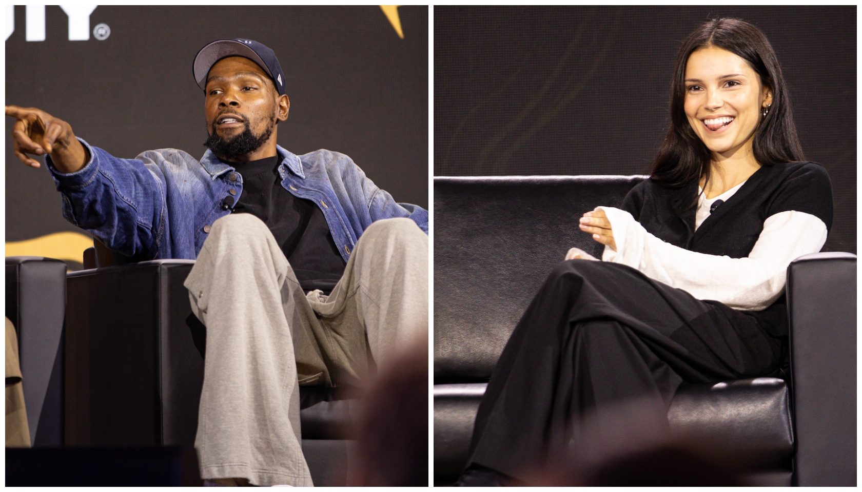 Two people sitting on chairs, one a man wearing a blue jacket and cap, the other a smiling woman in a black outfit.