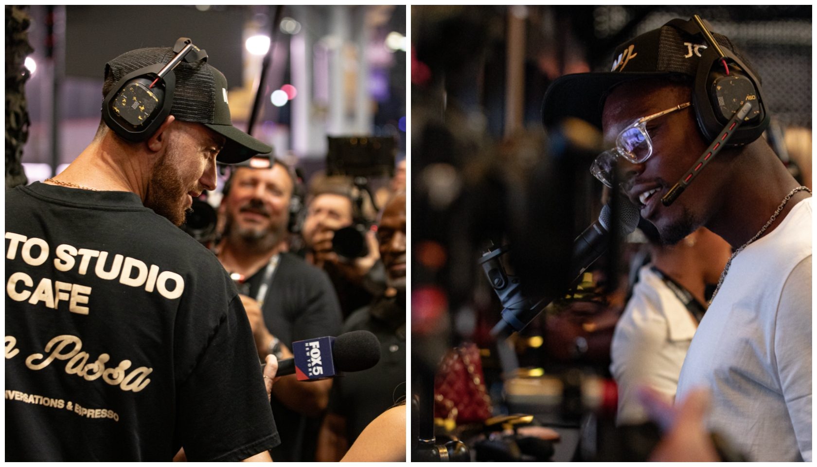 Two men wearing headphones and hats, one with a "To Studio Cafe" shirt, being interviewed by a news reporter holding a microphone.
