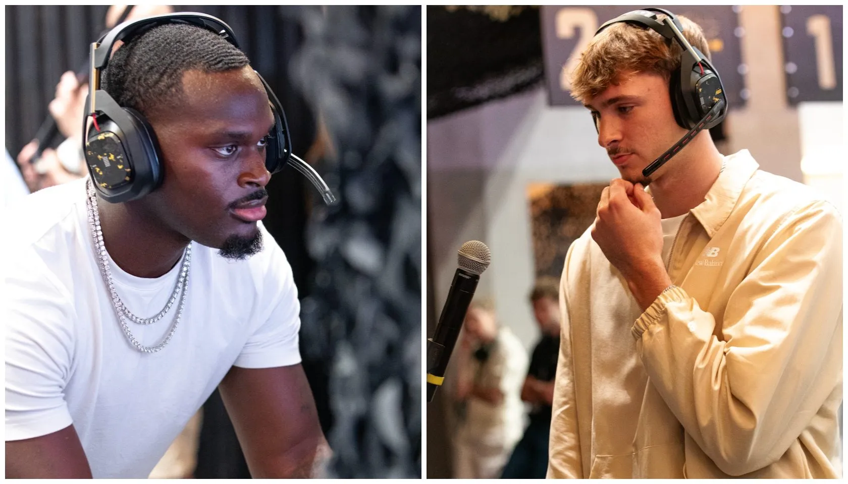Two men wearing headphones, one with a microphone, in what appears to be a recording studio or broadcast setting.