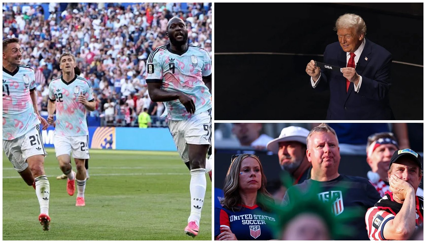 Soccer players running on field, a man in a suit gesturing, and a crowd of people watching a soccer match.