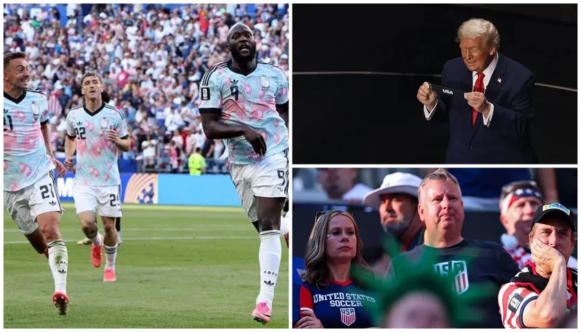 Soccer players running on field, a man in a suit gesturing, and a crowd of people watching a soccer match.