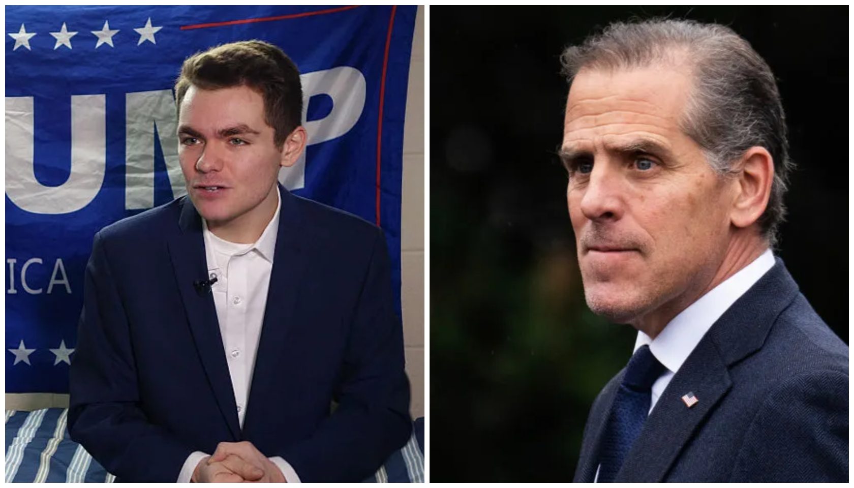 Two men in suits, one younger with dark hair and the other older with gray hair, both looking serious and standing in front of a blue and white political party flag.
