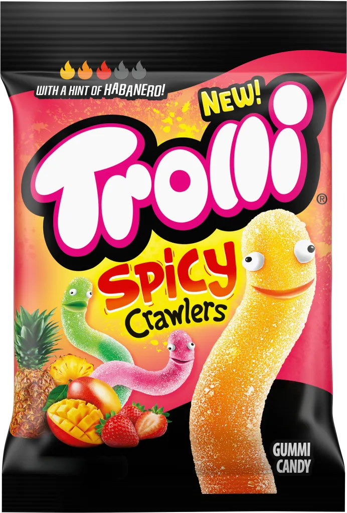 Bag of Trolli Spicy Crawlers gummy candies with a hint of habanero flavor, featuring colorful cartoon worms on the packaging.