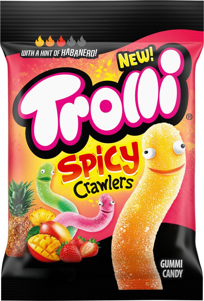 Bag of Trolli Spicy Crawlers gummy candies with a hint of habanero flavor, featuring colorful cartoon worms on the packaging.