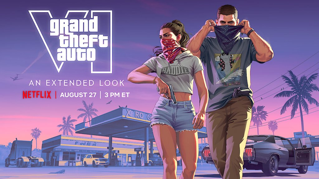 Two people, a man and a woman, in casual clothing standing in front of a gas station at sunset. The text "Grand Theft Auto" and "An Extended Look" is visible.