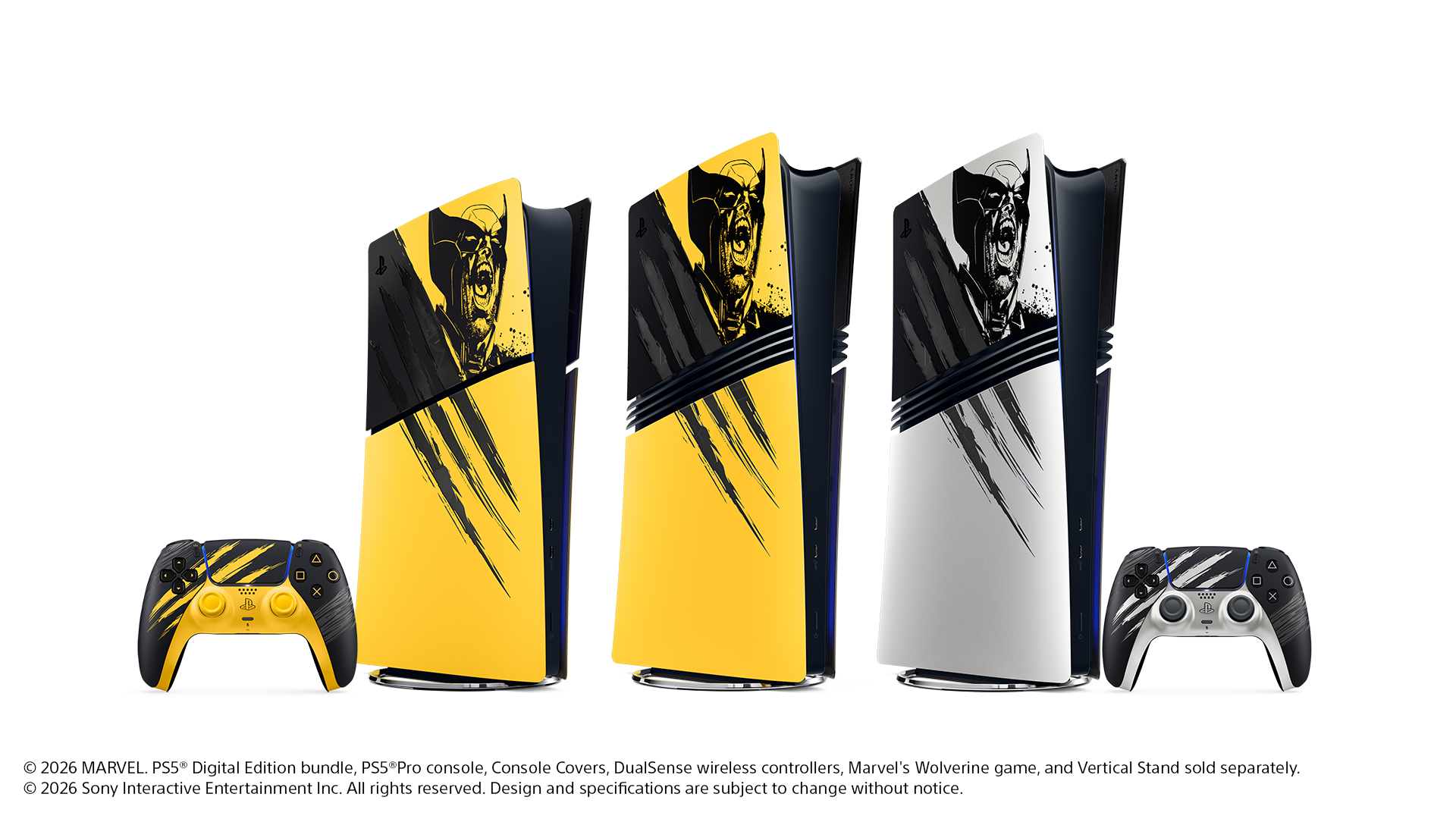 PlayStation 5 digital edition bundle featuring Marvel's Wolverine game and accessories in black and yellow color schemes.