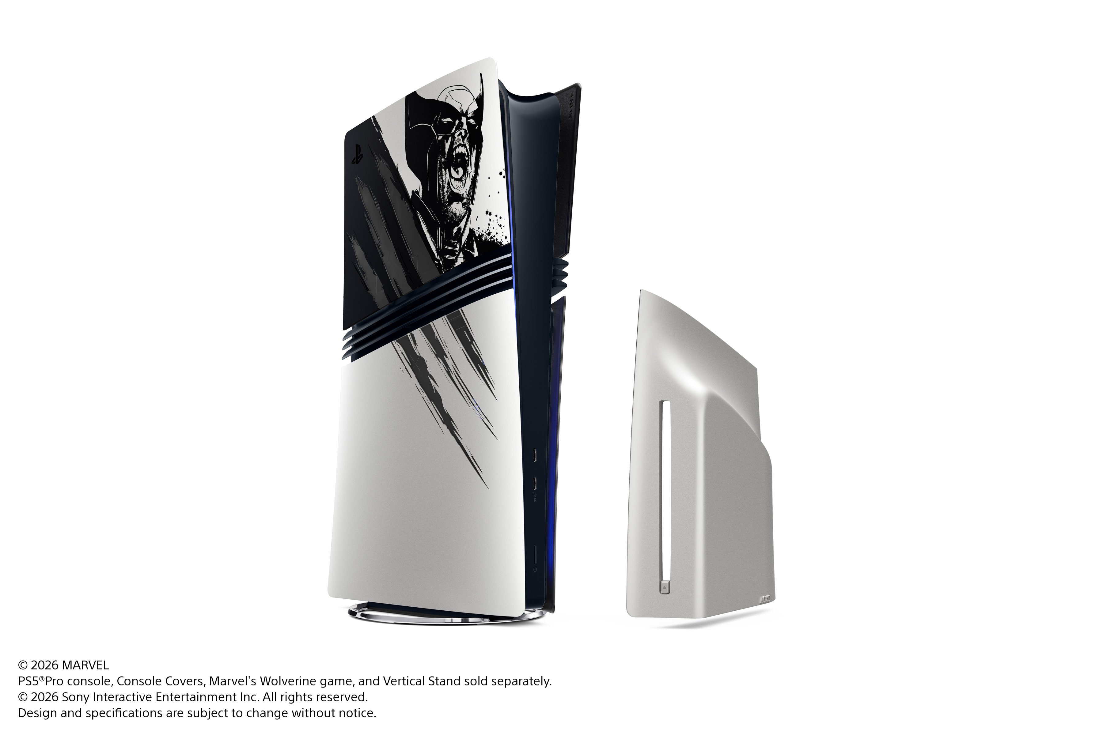 A PlayStation 5 Pro console with a custom Wolverine-themed design and a vertical stand.