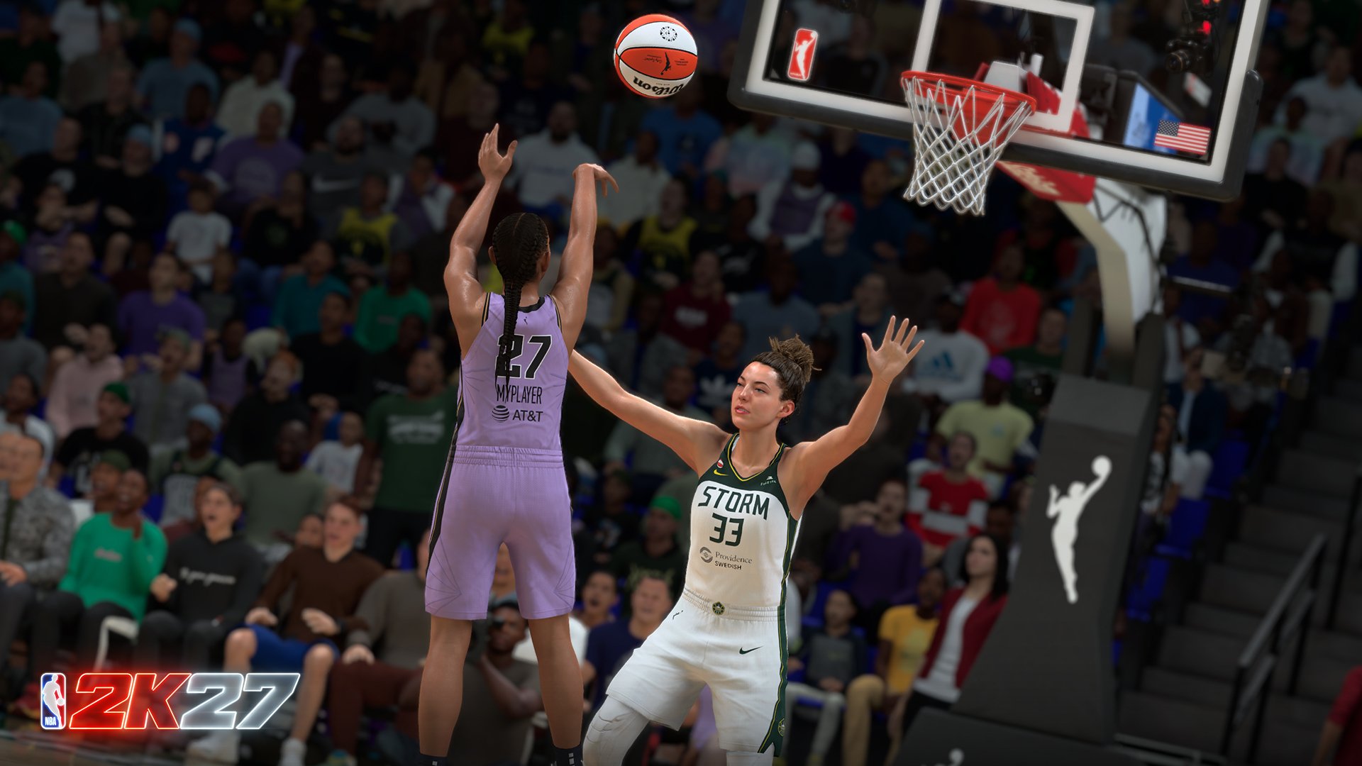 Two basketball players competing, one wearing a jersey with the number 27 and the other wearing a jersey with the number 33.