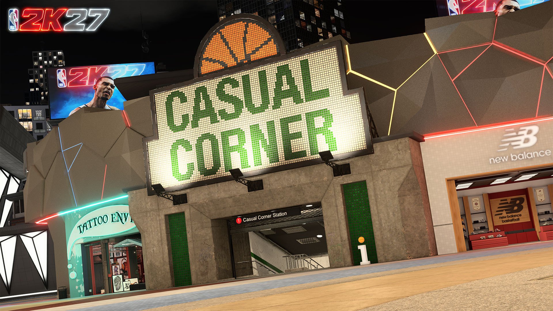 Neon sign displaying "CASUAL CORNER" in a futuristic, gaming-inspired setting with New Balance branding and a tattoo shop.
