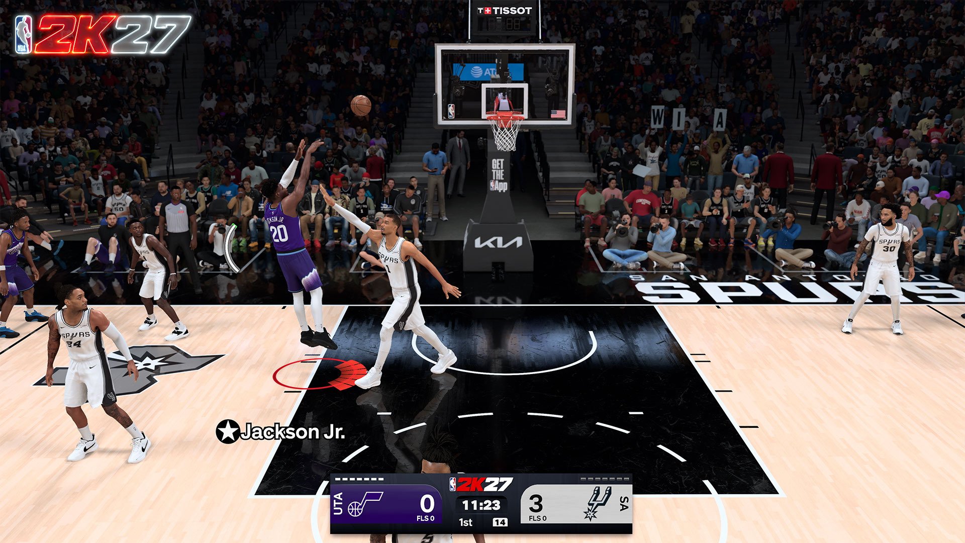Basketball game in progress on a court with players in action, scoreboard displaying 0-3 in the 1st quarter, Tissot and NBA 2K27 branding visible.