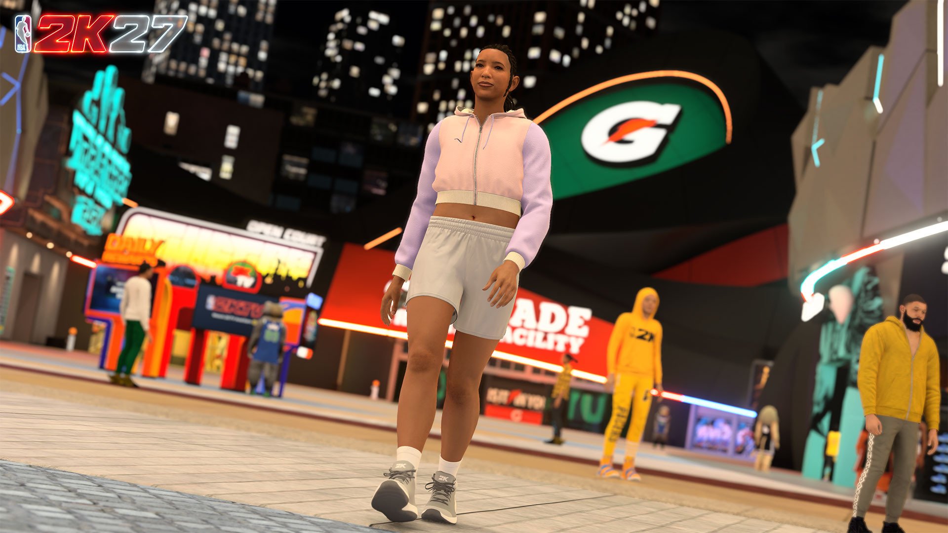 A person wearing a pink hoodie and white shorts walking in a city at night, with neon signs and billboards visible in the background.