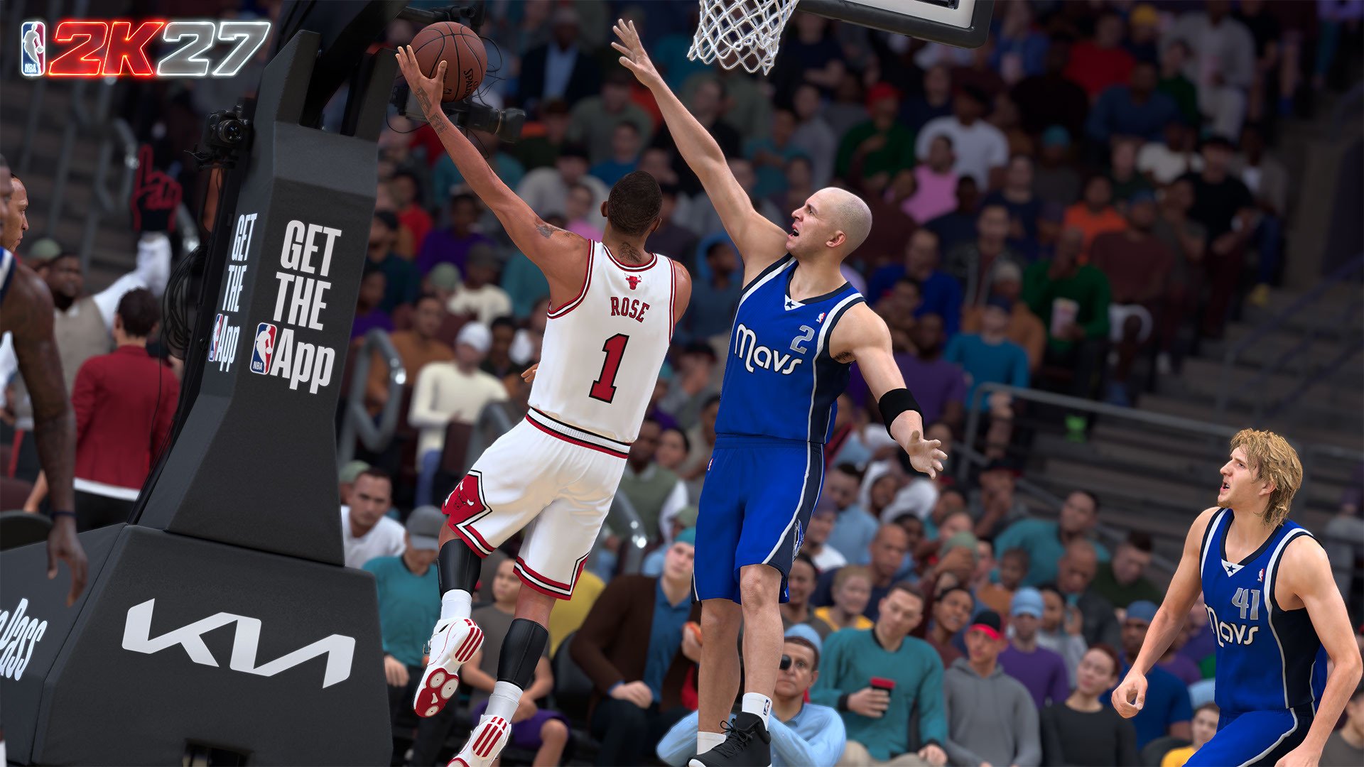 Two basketball players competing, one wearing a white jersey with the number 1 and the other wearing a blue jersey with "Movr" on it, with a large "Get the NBA 2K27 App" sign in the background.