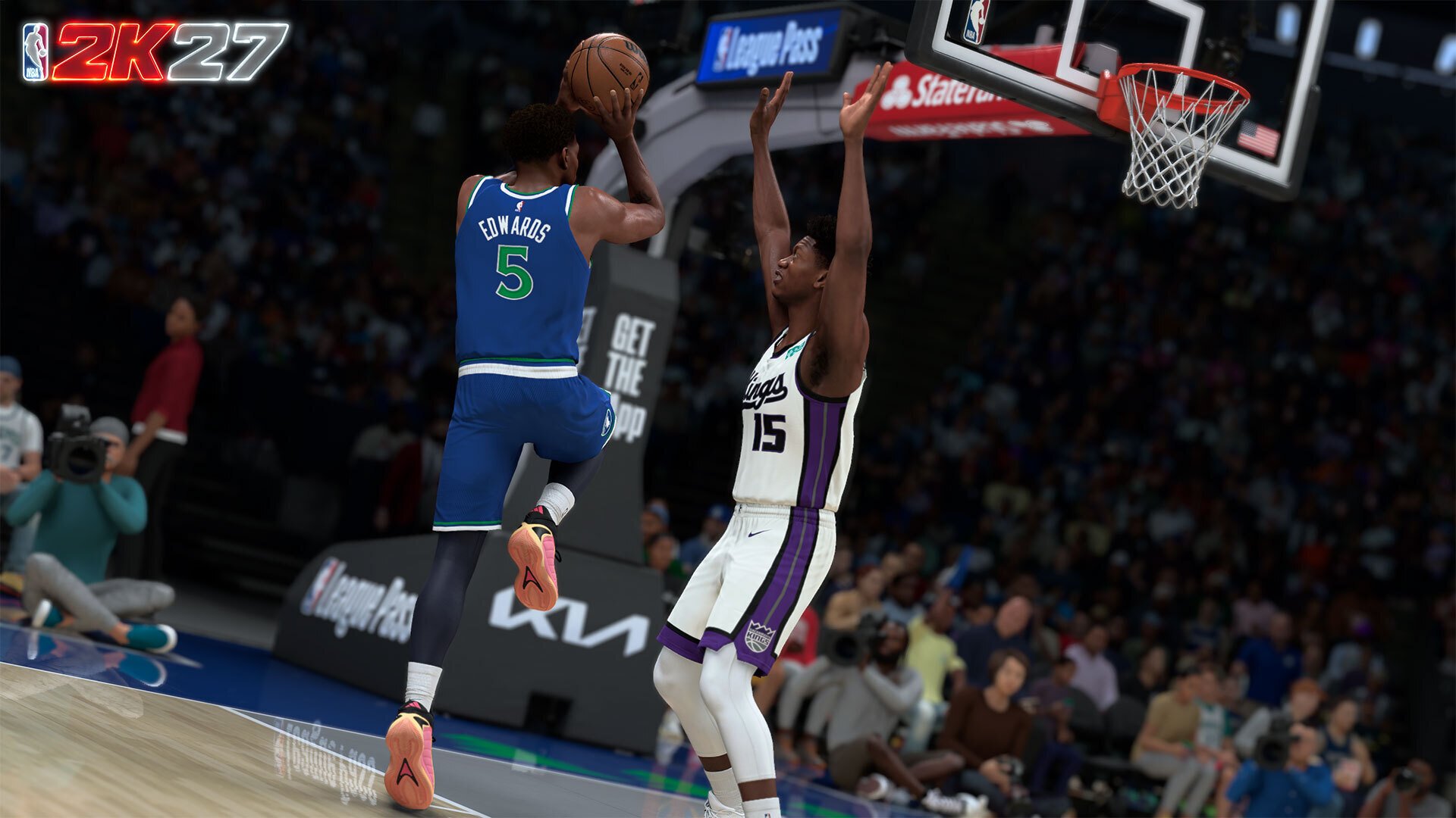 Two basketball players competing, one wearing a blue jersey with the number 5 and the other wearing a purple jersey with the number 15.