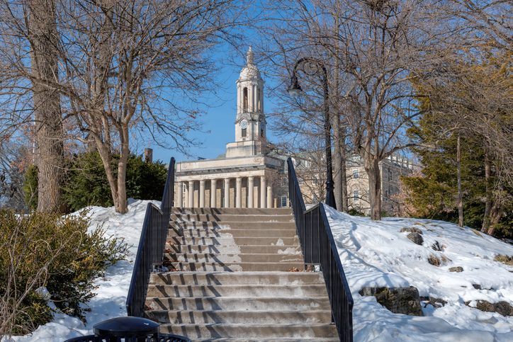 The university campus of Pennsylvania State University in winter.