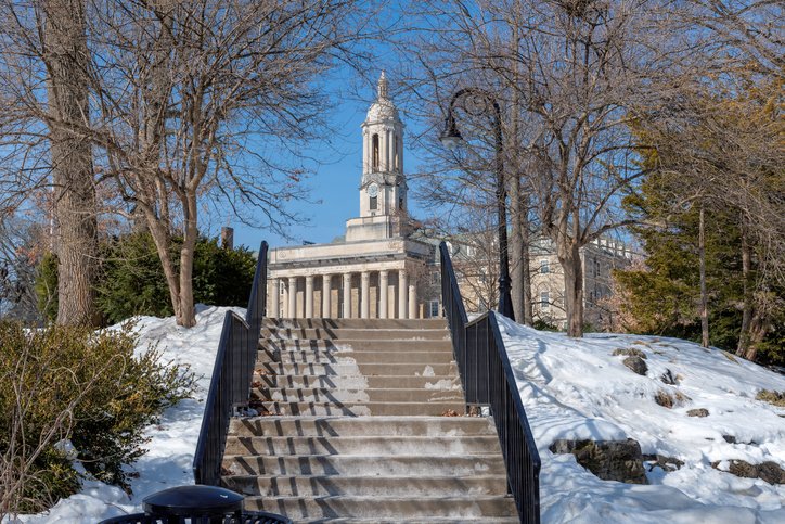 The university campus of Pennsylvania State University in winter.