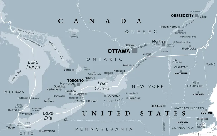 Quebec City Windsor Corridor, region in Canada, gray political map