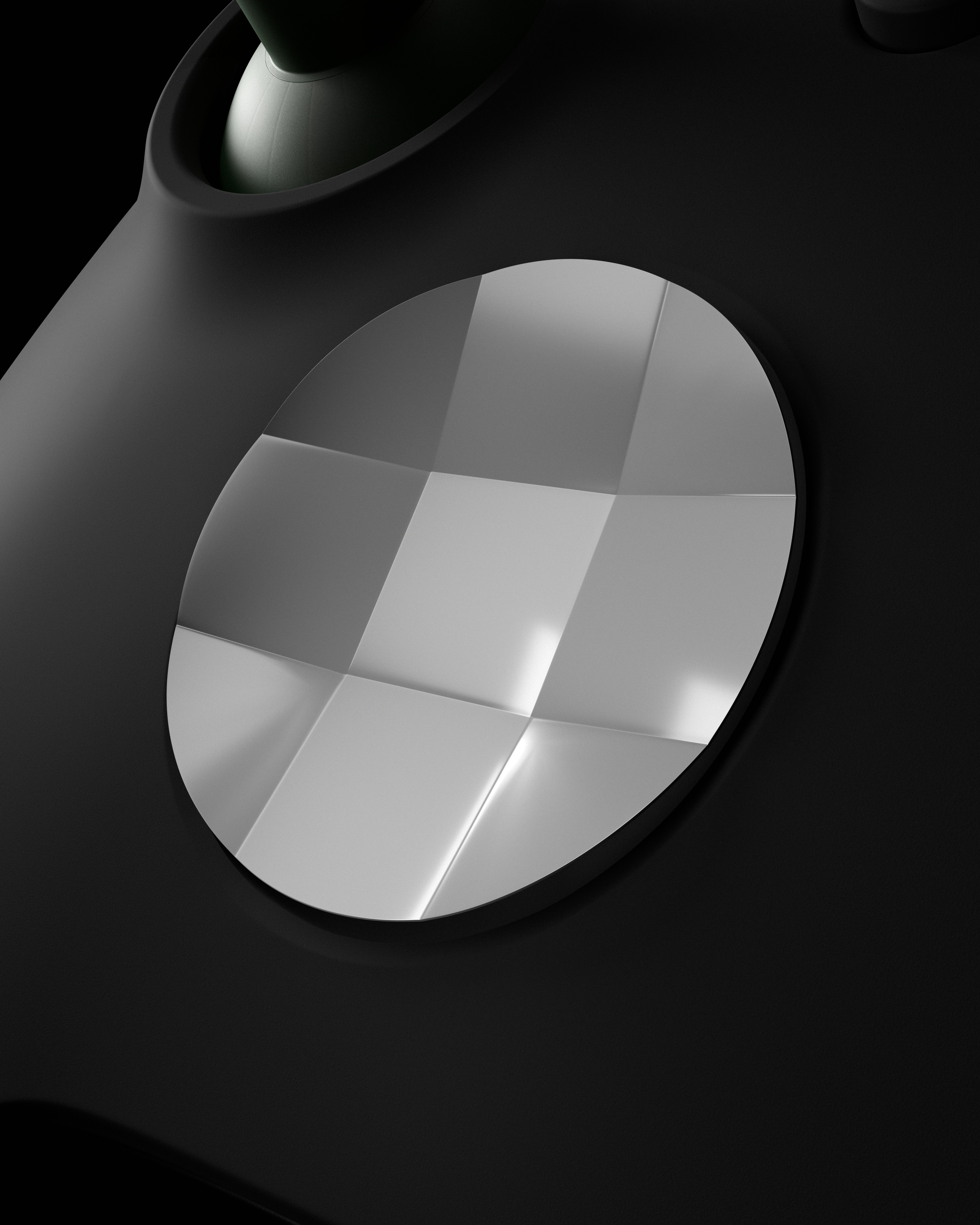 A black and white abstract image featuring a large circular shape with intersecting lines and gradients.